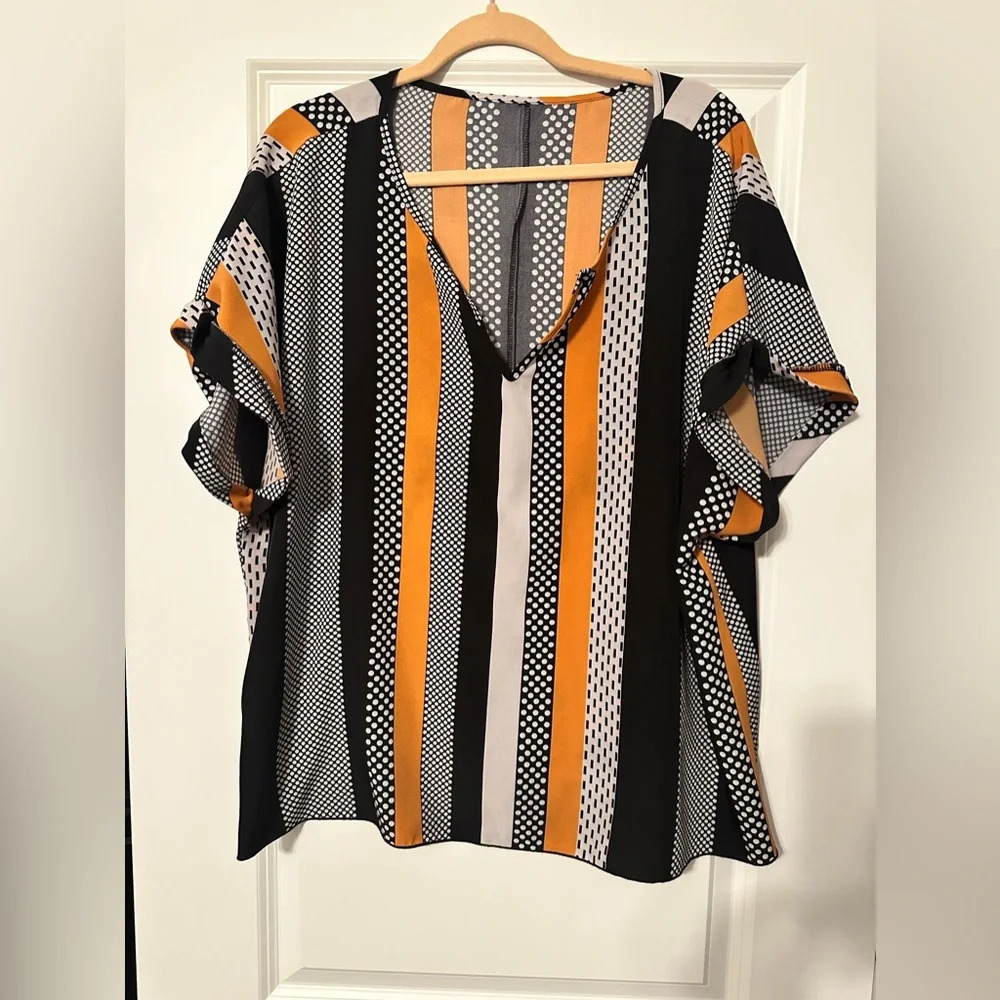 V-Neck Short Sleeve Stripe Blouse - Black, White & Mustard